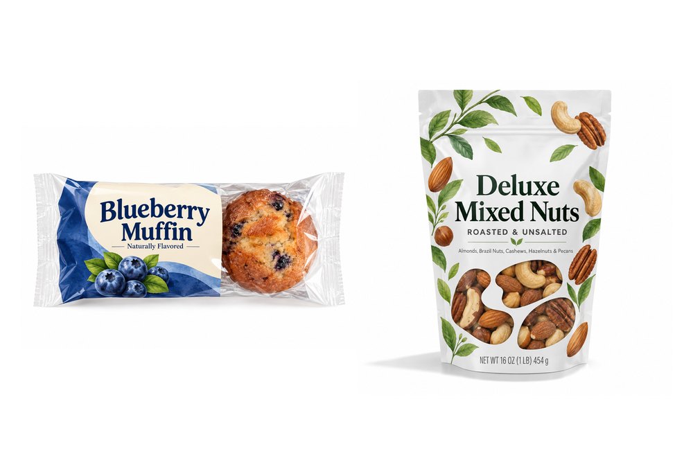 Blueberry muffin and deluxe mixed nuts packaging